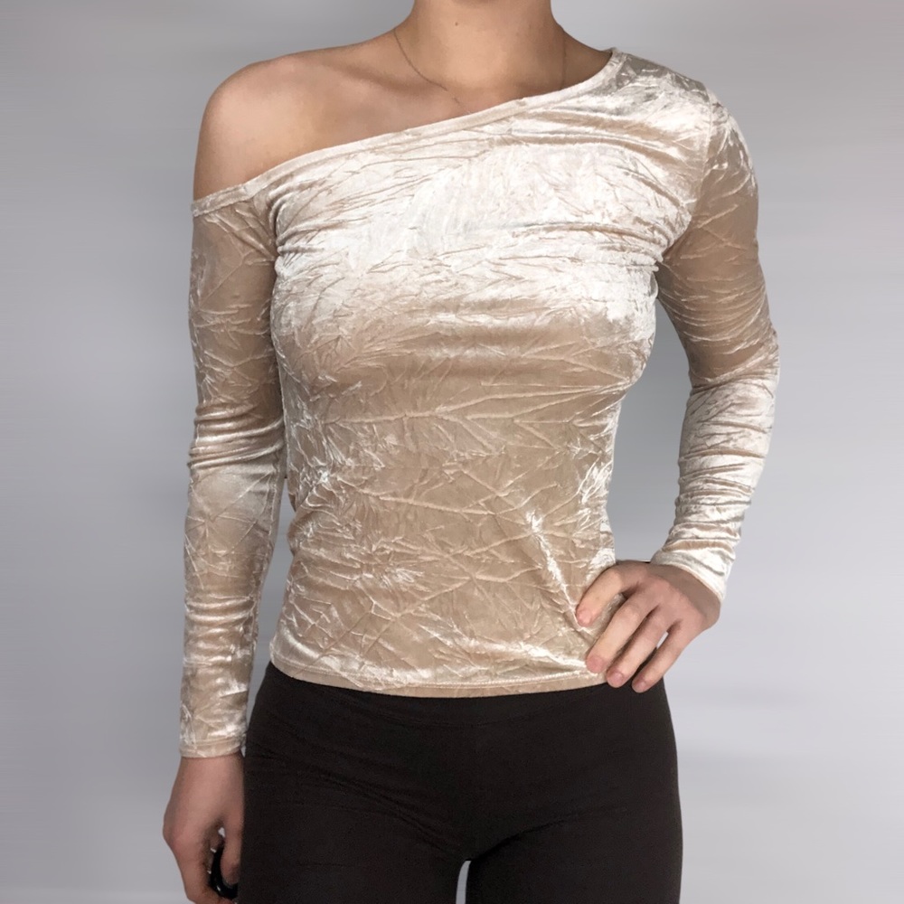 NEW 525 Asymmetrical One Shoulder‎ Long Sleeve Velvet Top Tan Size XS